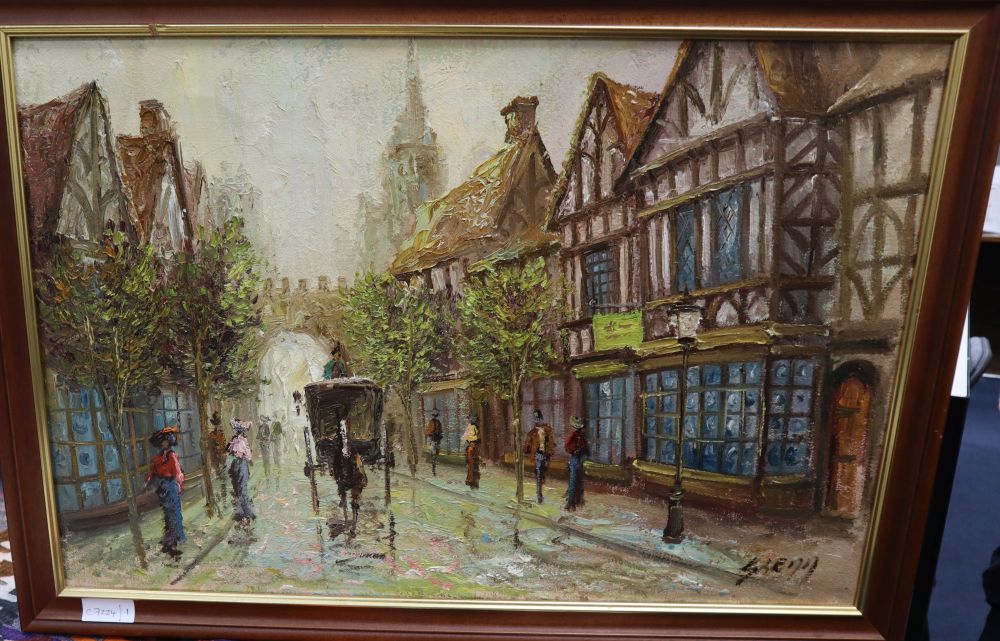 Colin Maxwell Parsons (b.1936), oil on canvas, Village scene, 50 x 75cm